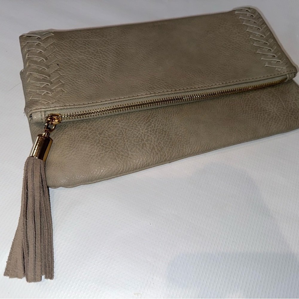 Deux Lux Beige Fold-over Leather Clutch with Tassel * strap missing